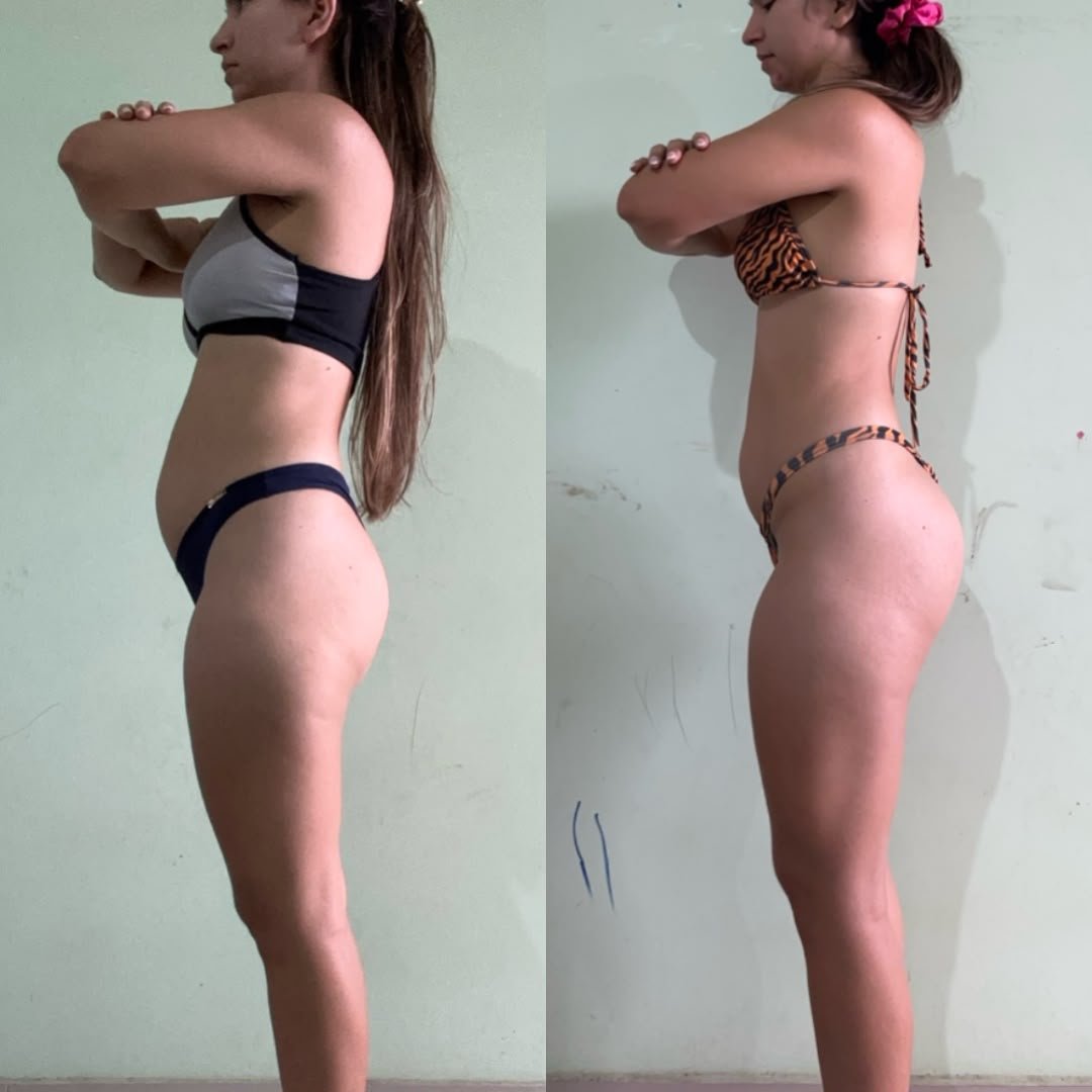 Antes e depois lateral de aluna acompanhada por Vítor Souza Personal